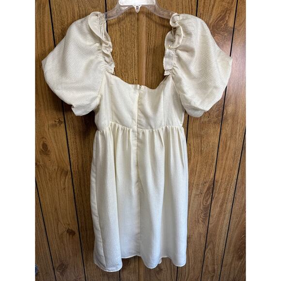 English Factory Cream Balloon Sleeve Sweetheart Neck Mini Dress Lined Large - Picture 2 of 7